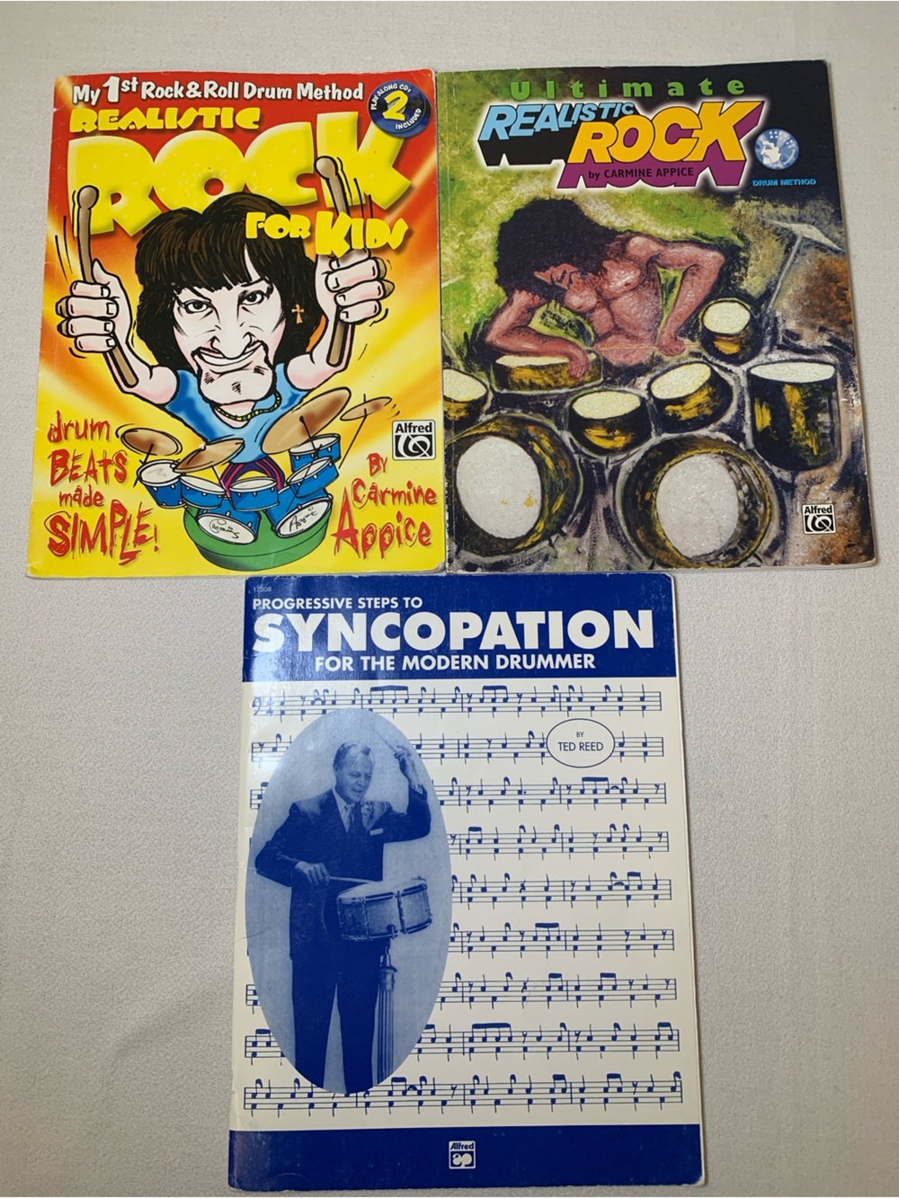 Lot of 3 Drum Method instruction books - Syncopation, Ultimate Realistic Rock